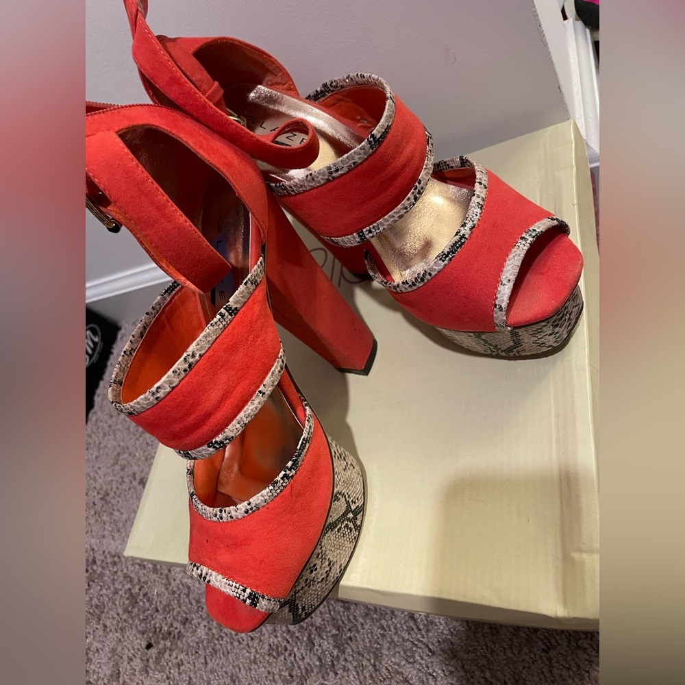 Coral and snake print platform Heels